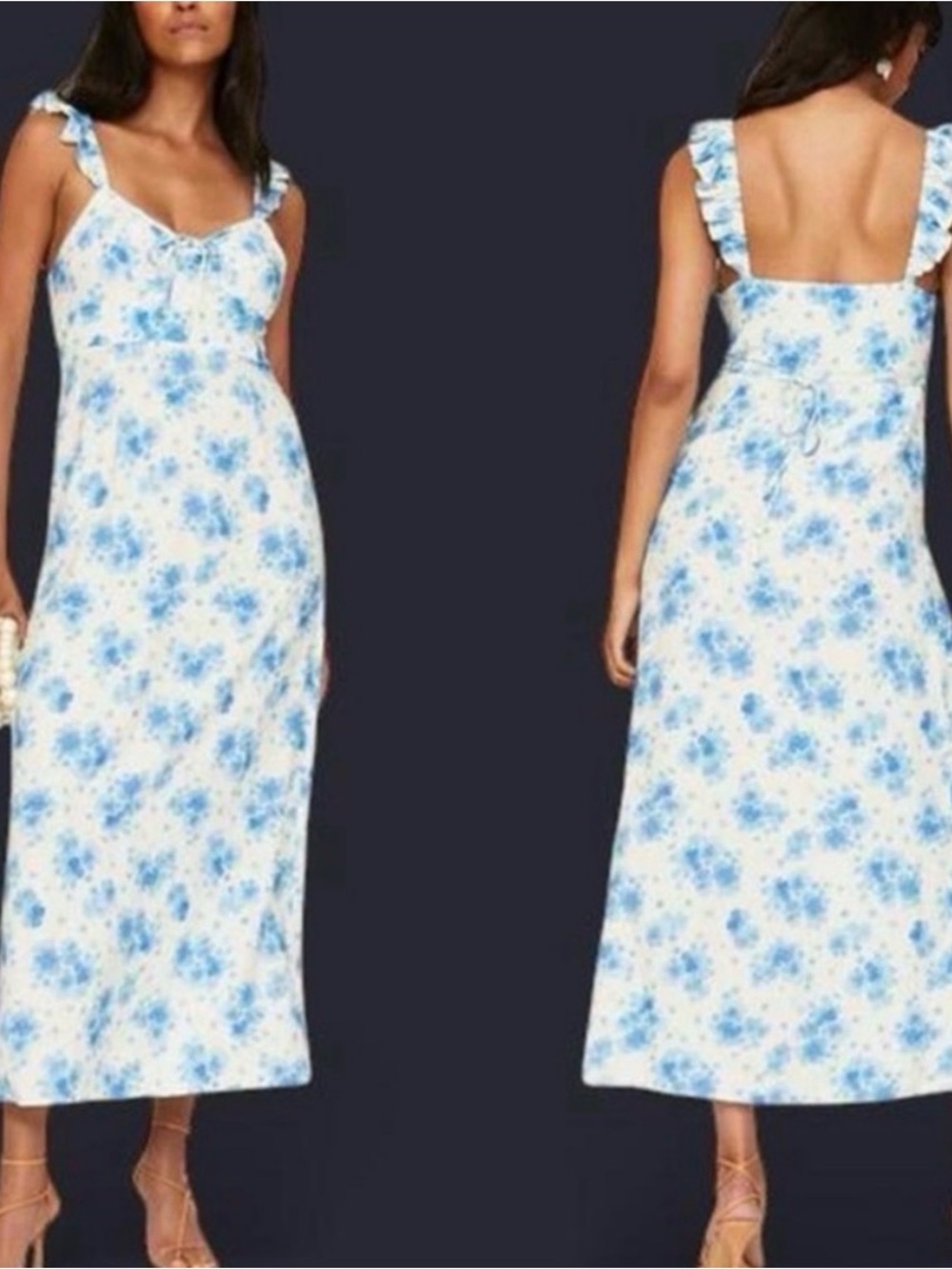 Rixo Women's Blue Floral Ruffle Strap Midi Cotton Dress Size Medium